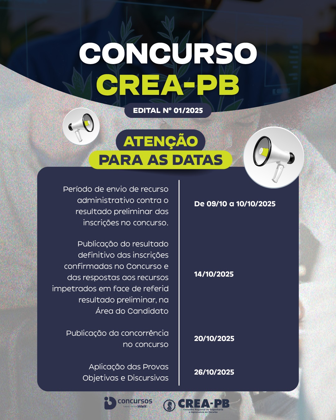 📣 ATENÇÃO, CONCURSANDOS!

O CREA-PB divulgou as principais datas do Edital nº 01/2025, e é essencial ficar de olho no cronograma para não perder nenhum prazo! ⏰

📅 Período de recurso: 09 a 10/10/2025
📄 Resultado definitivo das inscrições: 14/10/2025
📊 Publicação da concorrência: 20/10/2025
📝 Provas objetivas e discursivas: 26/10/2025

Organize seu tempo, revise o conteúdo e siga firme na preparação! 💪
Estamos com você nessa jornada rumo à aprovação. 🚀

#Concursos #CREAPB #ConcursoPublico #CarreiraPublica #Estudos #FocoENaAprovação #IDConcursos