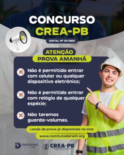 🚨 ATENÇÃO, CONCURSANDOS! A prova do Concurso CREA-PB é AMANHÃ! 🚨

Para evitar imprevistos, confira as orientações obrigatórias:

❌ Não será permitido entrar com celular ou qualquer dispositivo eletrônico;
❌ Relógios de qualquer tipo também não serão permitidos;
⚠️ Não haverá guarda-volumes nos locais de prova — organize-se com antecedência!

📍 Locais de prova já disponíveis no site:
👉 www.institutodarwin.org

✅ Separe seus documentos, leve caneta preta em material transparente e chegue com antecedência.

Boa prova! 💪📚
#ConcursoCREAPB #InstitutoDarwin #DiaDeProva #CREAPB2025 #BoaProva
