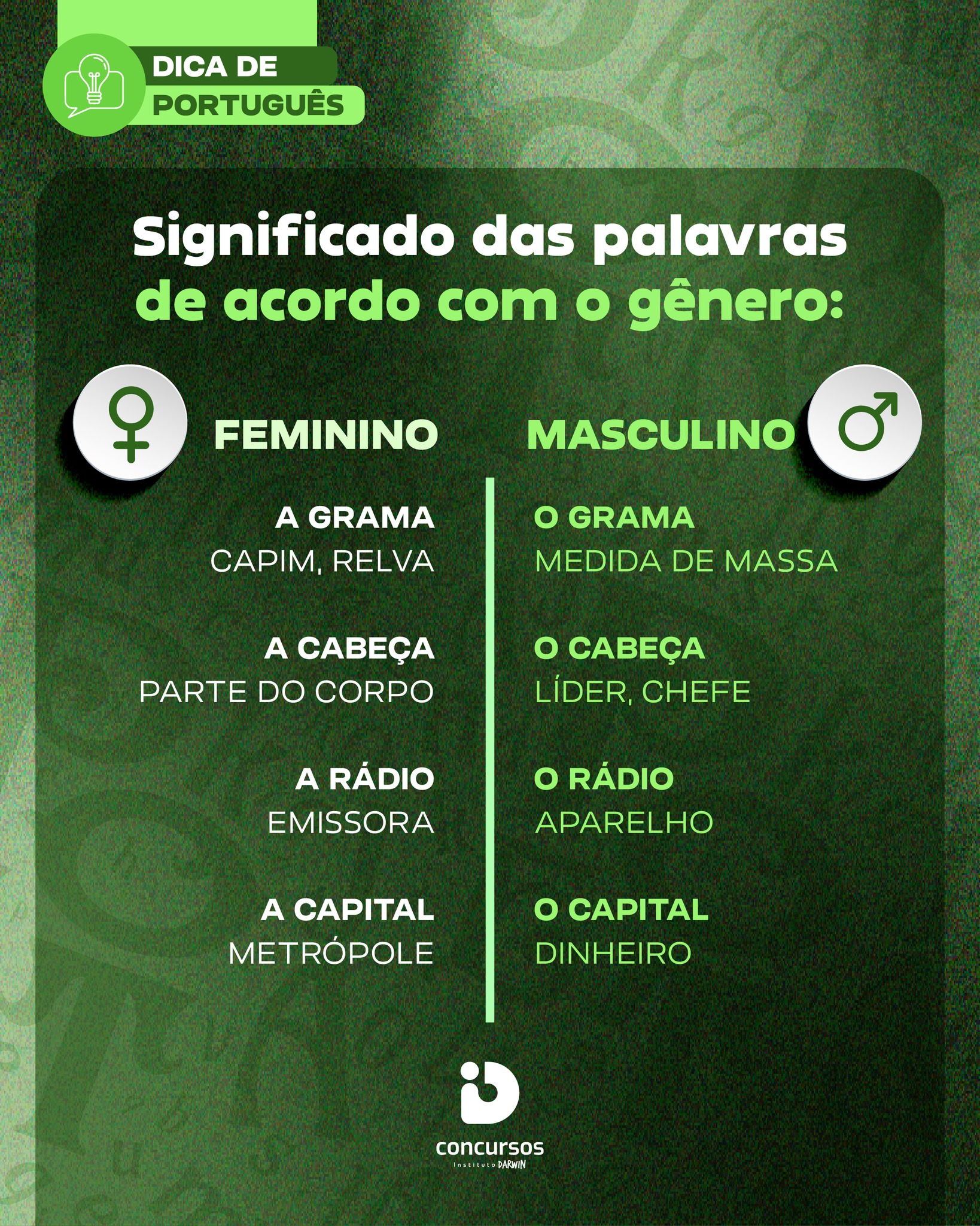 📚 Uma letra pode mudar tudo.

Na língua portuguesa, algumas palavras mudam completamente de significado conforme o gênero. Saber essas diferenças faz toda a diferença na interpretação de textos e pode garantir pontos preciosos na sua prova.

Salve este post para revisar depois e continue fortalecendo sua base em Português. Afinal, nos concursos, os detalhes fazem a diferença. 💪✍️

#IDConcursos #InstitutoDarwin #ConcursosPúblicos #PortuguêsParaConcursos #Gramática #DicaDePortuguês #Estudos #Concurseiro