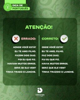 🚨 Você sabe por que essas frases estão erradas?

Alguns erros são tão comuns no dia a dia que acabam passando despercebidos. Mas a gramática explica:

📌 “Onde você está?”
Usamos onde para indicar permanência. Aonde é usado com verbos que indicam movimento, como em “Aonde você vai?”.

📌 “Eu te amo, filho.”
“Filho” é um vocativo, usado para chamar ou se dirigir a alguém, por isso deve ser separado por vírgula.

📌 “Faz dois dias.”
Quando o verbo fazer indica tempo decorrido, ele é impessoal e fica sempre no singular.

📌 “Fui eu que fiz.”
O verbo ser concorda com o pronome “eu”: fui eu, e não “foi eu”.

📌 “Havia muitos erros.”
No sentido de existir, o verbo haver é impessoal e permanece no singular.

📌 “Será que ele vem?”
A construção adequada para introduzir essa dúvida é “será que”, e não “será se”.

📌 “Tinha trazido o lanche.”
O particípio do verbo trazer é trazido. “Trago” é forma do presente: “Eu trago o lanche”.

Português também se aprende corrigindo aqueles erros que a gente já se acostumou a ouvir. 📚