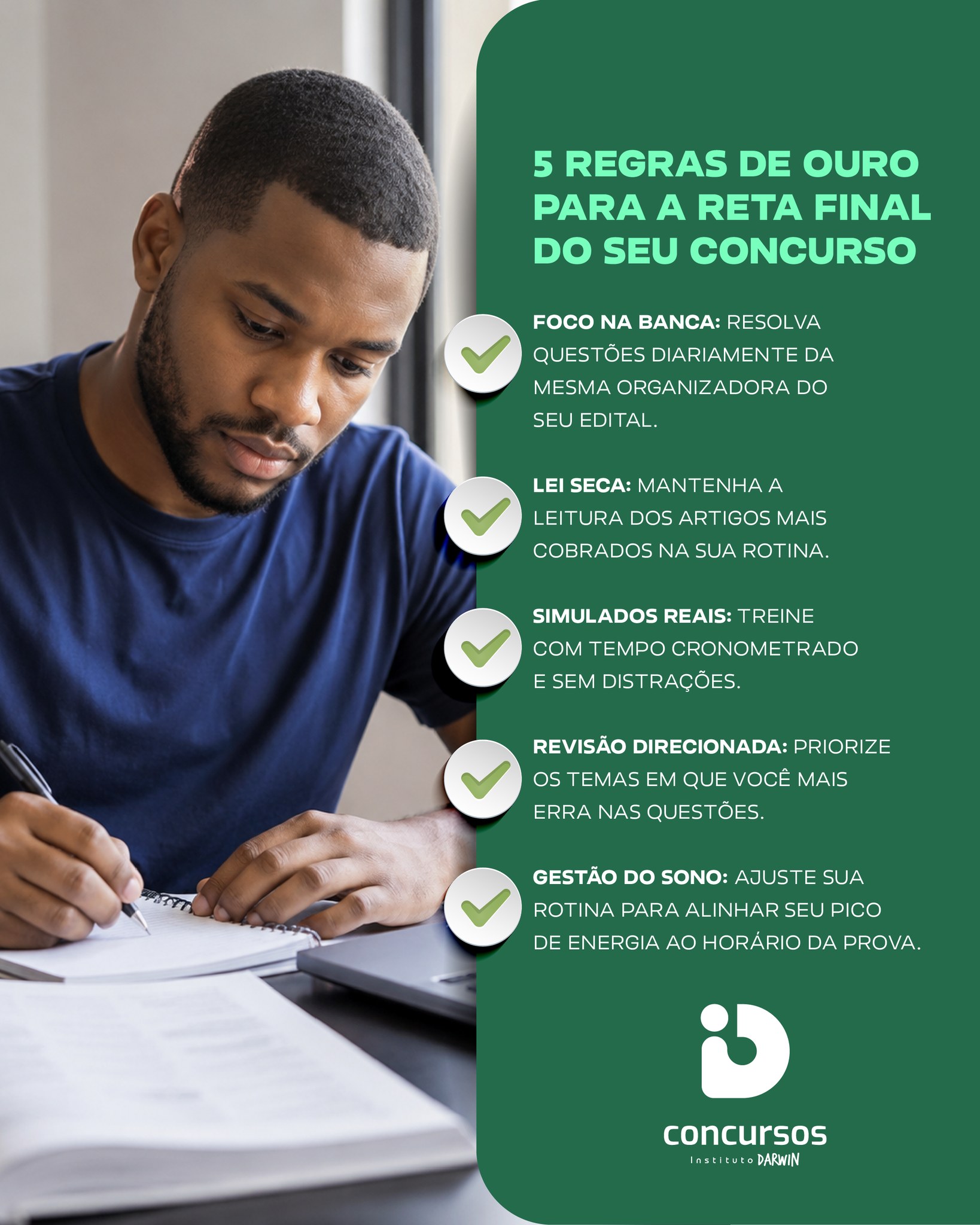 A reta final não é o momento de tentar abraçar todo o edital, mas sim de lapidar a sua estratégia e garantir os pontos decisivos na hora da prova.

Mantenha a constância e aplique essas práticas no seu dia a dia para chegar no dia da aplicação com mais segurança e controle.

📌 Salve este card para consultar sempre que for estruturar sua semana de estudos!

#IDConcursos #ConcursoPublico #Concurseiro #EstrategiaDeEstudos #Aprovacao #RotinaDeEstudos #FocoNoEdital