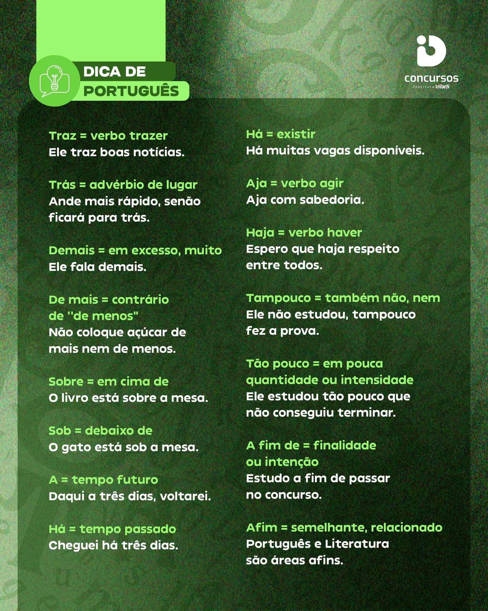 Português também se aprende nos detalhes. 📚✍️

Palavras parecidas podem ter significados e usos completamente diferentes, e saber distingui-las pode fazer a diferença na hora da prova.

Salve este post para revisar depois e não deixe uma questão escapar por distração. 🎯

#IDConcursos #ConcursosPúblicos #PortuguêsParaConcursos #DicasDePortuguês #Concurseiros #Estudos #RumoÀAprovação